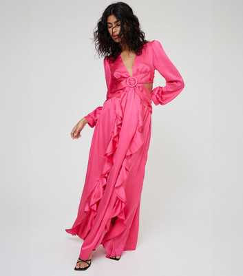 WKNDGIRL Pink Satin Plunge Cut Out Maxi Dress