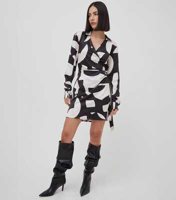 WKNDGIRL Black Abstract Print Satin Mini Wrap Shirt Dress