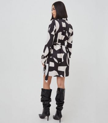 WKNDGIRL Black Abstract Print Satin Mini Wrap Shirt Dress New Look