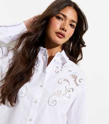 White Cotton Embroidered-Insert Cropped Shirt