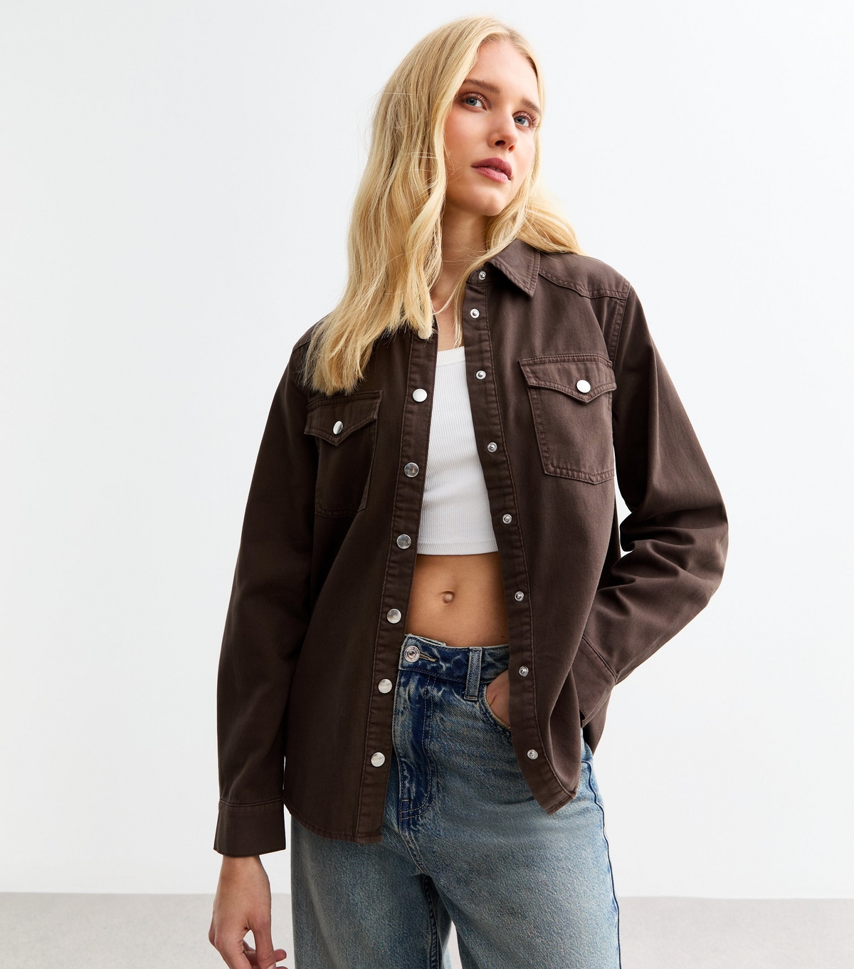 Women's Dark Brown Oversized Twill Shirt New Look