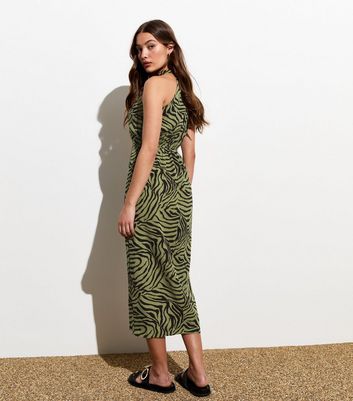 Gini London Khaki Animal Print Halter Midi Dress New Look