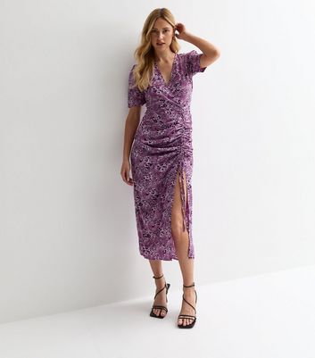 Gini London Purple Animal Print Ruched Midi Dress New Look