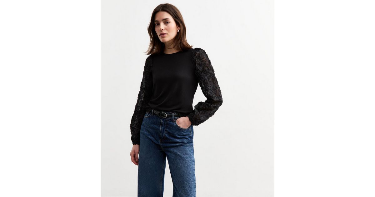 Rose Petal Sleeve Mock Neck Top - Black main image 1