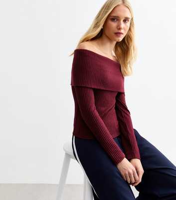 Burgundy Ribbed Bardot Jumper