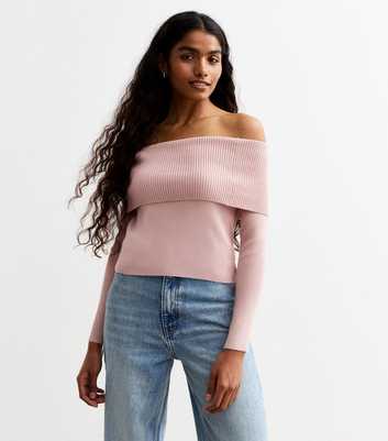 Petite Pink Ribbed Bardot Jumper