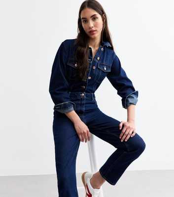 Dark Blue Buttoned Denim Jumpsuit