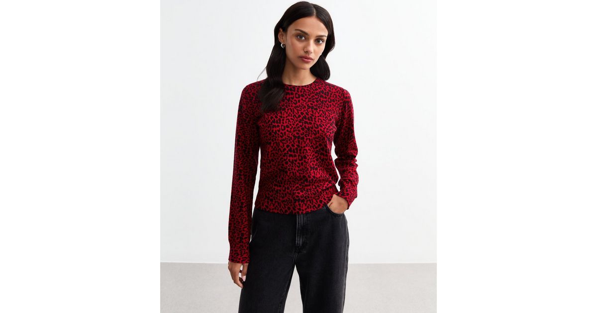 Red Leopard Print Fine Knit Jumper New Look