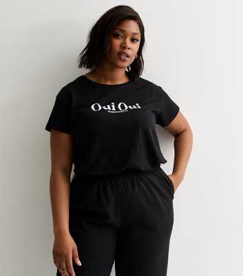 Curves Black Oui Oui Slogan Cotton T-Shirt