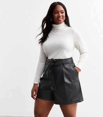 Curves Black Tie Waist Faux Leather Shorts