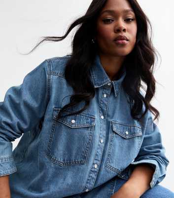 Curves Blue Button Pocket Denim Shirt