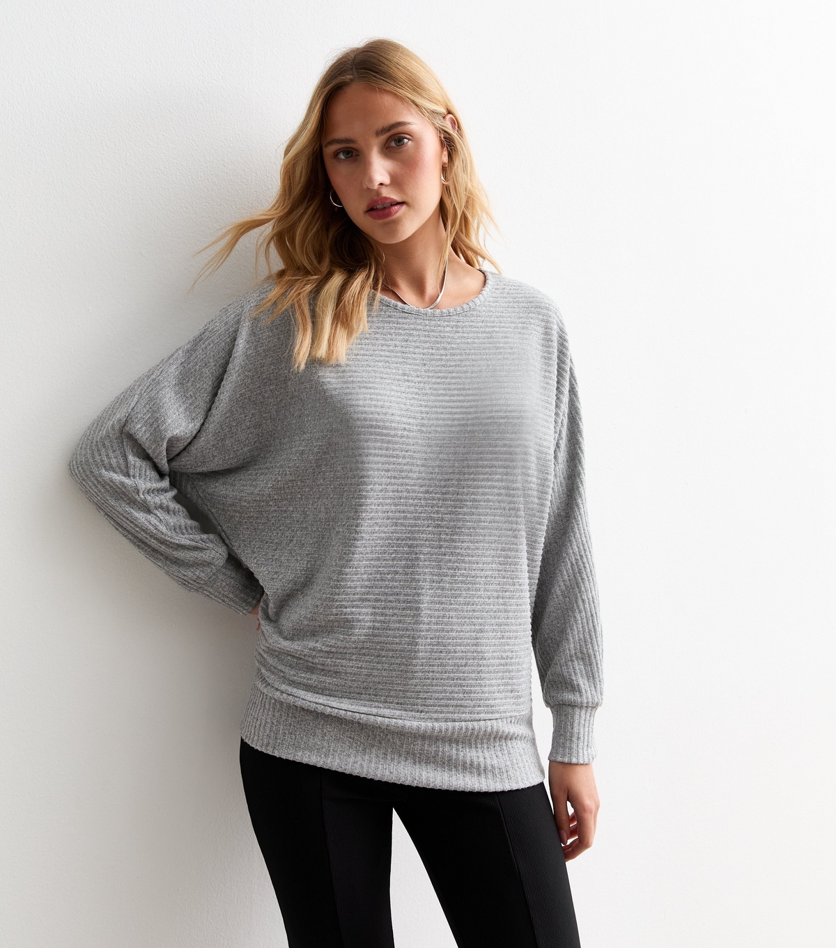 Women's Grey Ribbed Soft Touch Batwing Sleeve Top New Look