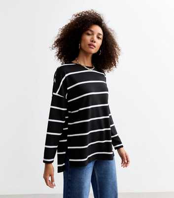 Black Soft Touch Striped Side Slit Long Sleeve Top