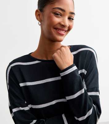 Navy Soft Touch Striped Side Slit Long Sleeve Top