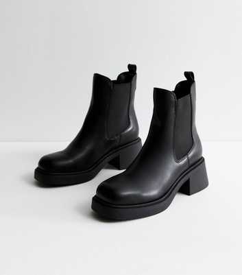 Black Leather-Look Chunky Ankle Boots