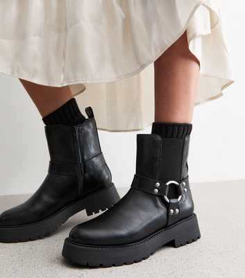 Wide Fit Black Leather Look Biker Ankle Boots