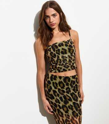 Brown Ruched Side Cropped Leopard Print Cami Top 