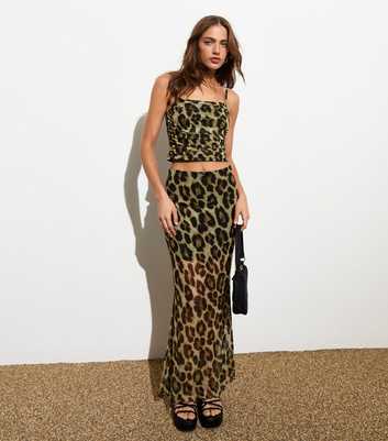 Brown Leopard Print Mesh Midi Skirt 