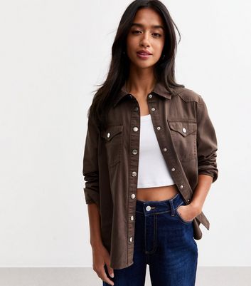 Petite Dark Brown Denim Shirt New Look