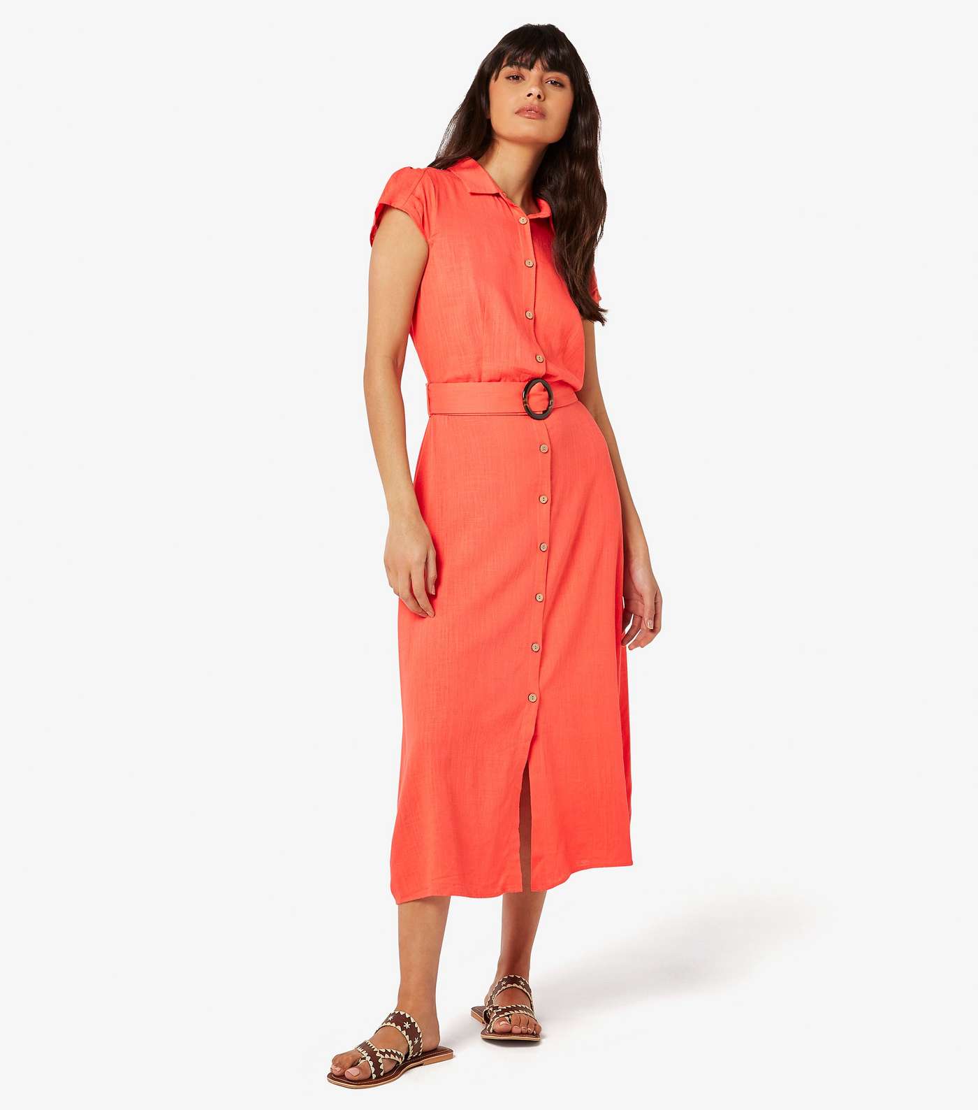 Apricot Red Short Sleeve Midi Shirt Dress Image 2