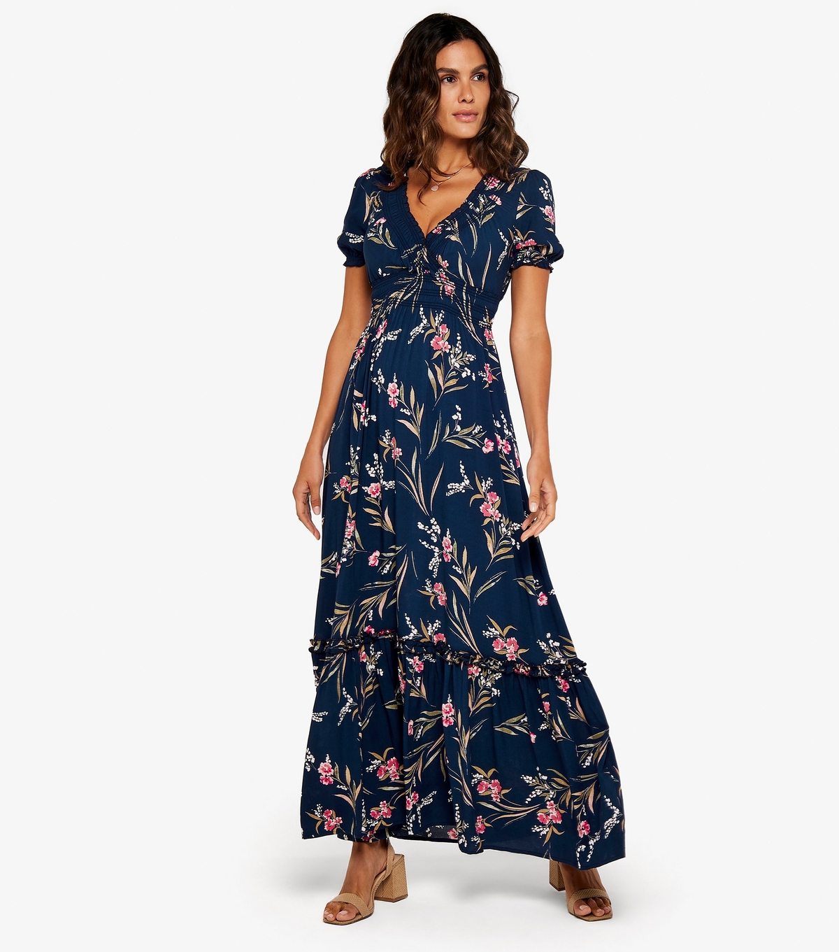 Women's Navy Floral Print Maxi Dress Apricot New Look