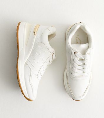 White Metallic-Trim Leather-Look Trainers | New Look