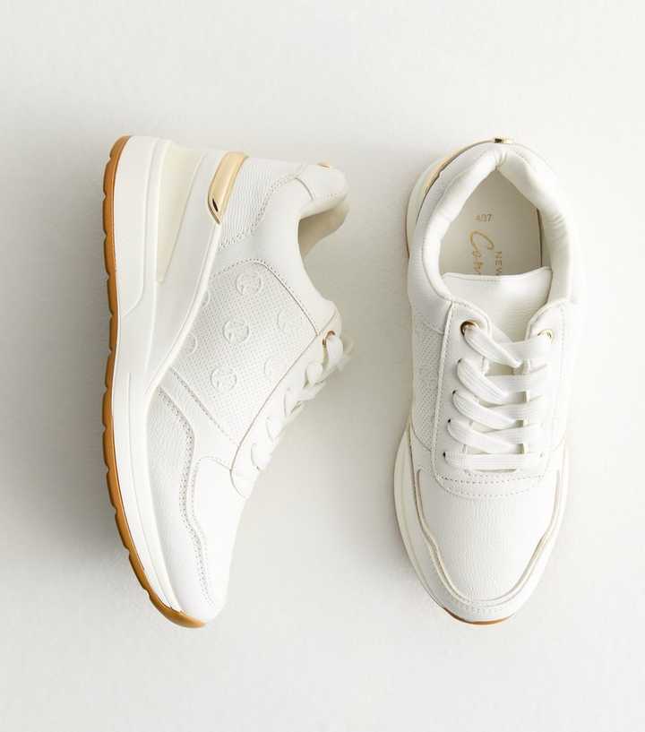 White Metallic-Trim Leather-Look Trainers