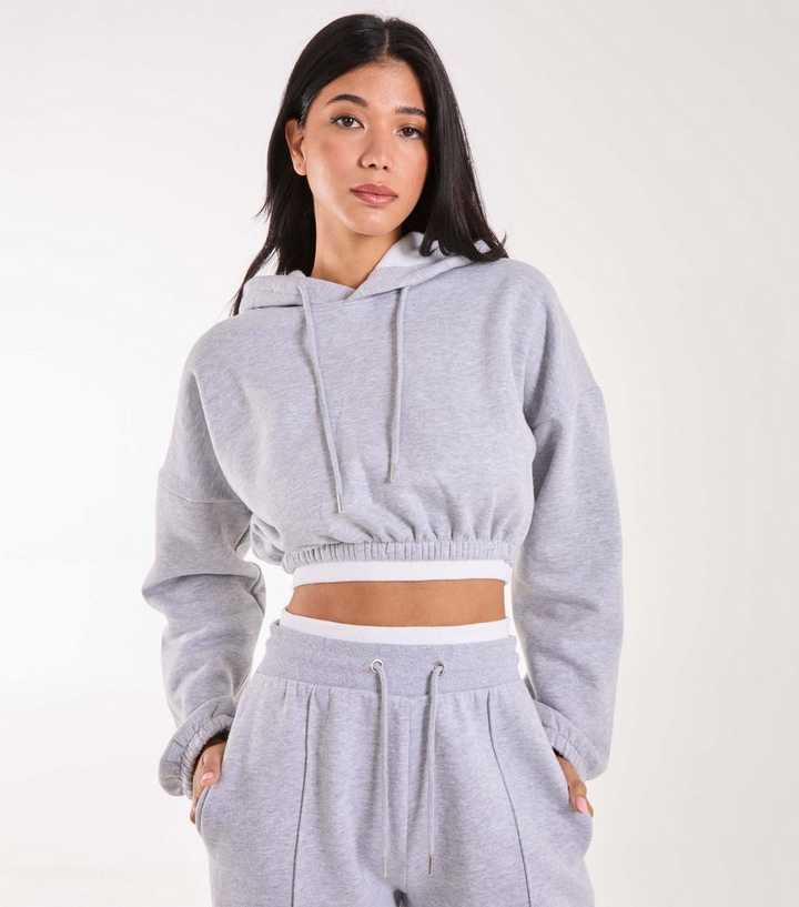 Pink Vanilla Grey Contrast Waist Crop Hoodie