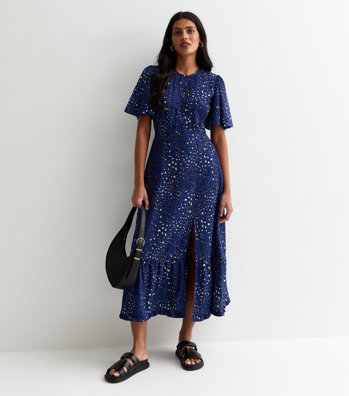 Women's Navy Animal Print Flutter Sleeve Midi Dress Gini London New Look