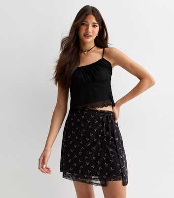 Black Mesh Bow Print Tie Side Mini Skirt
