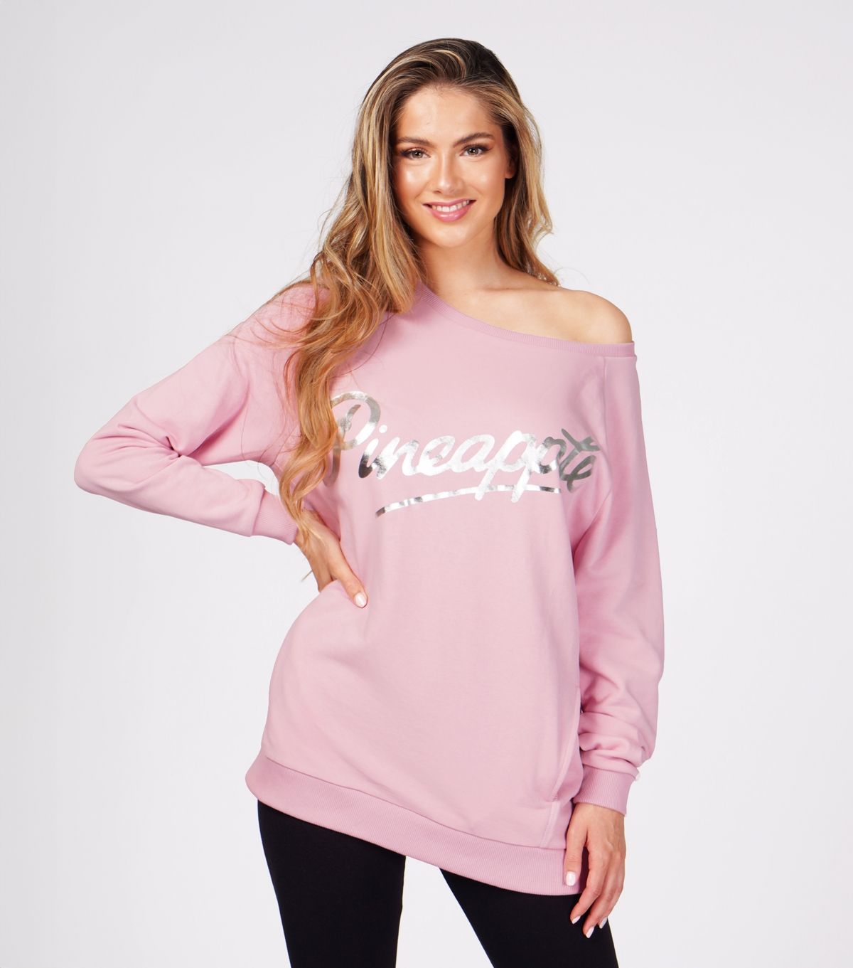 Women's Mid Pink Logo Off Shoulder Jumper Pineapple New Look