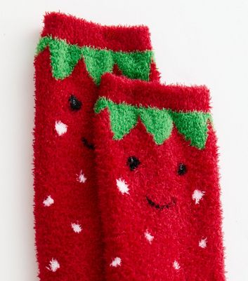 Red Chenille Strawberry Cosy Socks | New Look