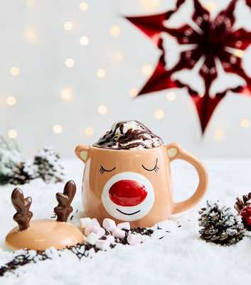 Beige Christmas Ceramic Reindeer Mug With Lid