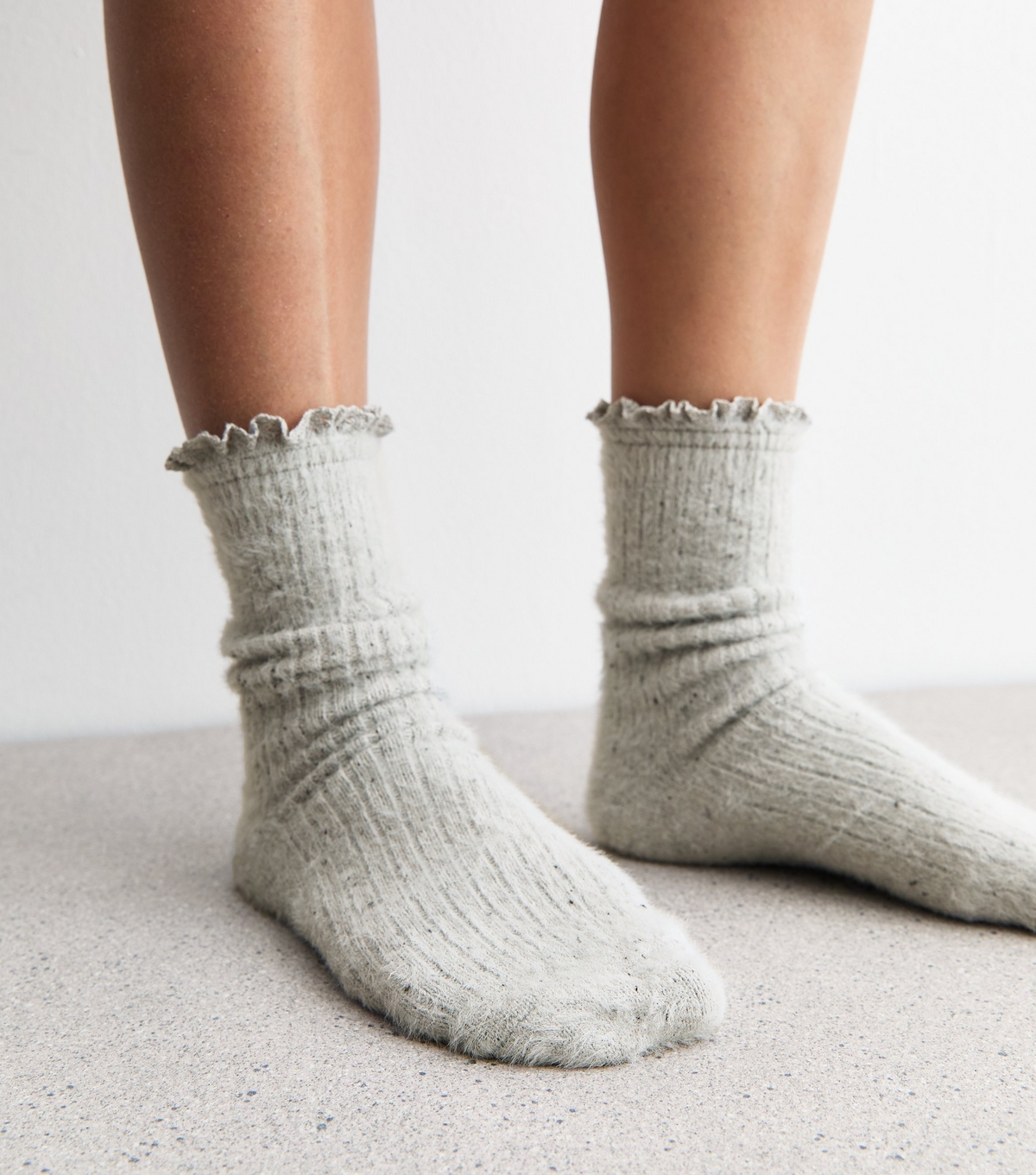 Grey Fluffy Lace Trim Socks New Look