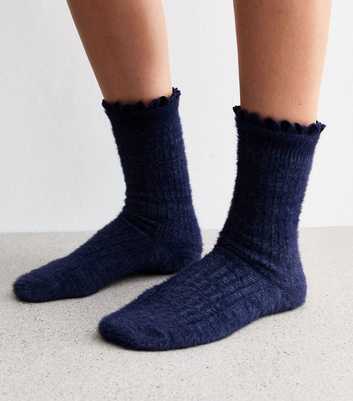 Navy Fluffy Lace Trim Lounge Socks 