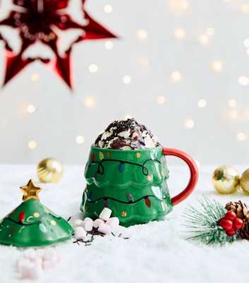 Green Christmas Tree Shaped Ceramic Mug With Lid