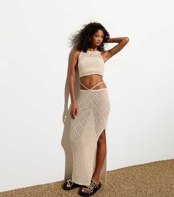 Cream Crochet Split Hem Maxi Skirt