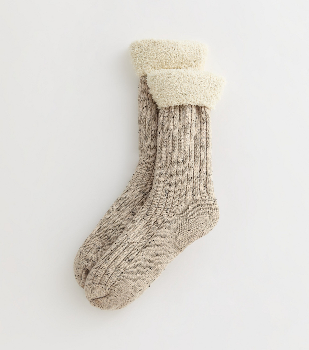 Off White Ribbed Flecked Borg Trim Cosy Bootie Socks New Look