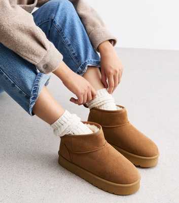 Tan Faux Suede Faux Fur-Lined Chunky Boots