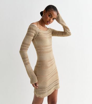 Tall Gold Crochet Open Back Mini Dress New Look