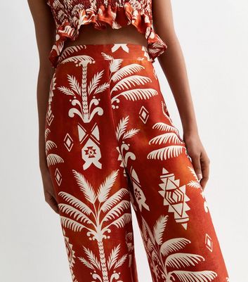 Tall Red Palm Print Flared Trousers New Look