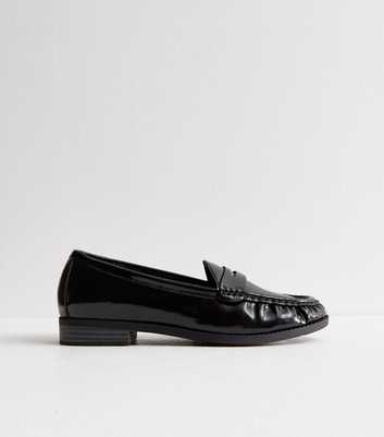 Black Shiny Leather Look Crimp Detail Loafers