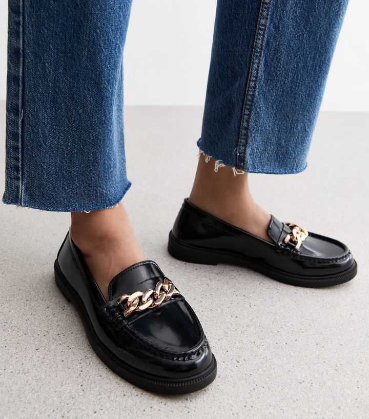 Mocassins à Plateforme Wedge Noirs Avec Chaîne Dorée - Taille 7 US Femme - Neuf