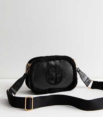 Black Crinkled Leather Look Borg Trim Camera Bag