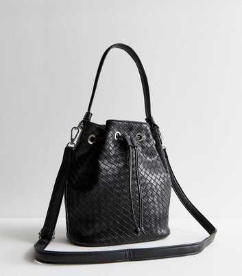 Black Leather Look Woven Bucket Bag