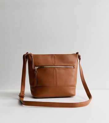 Tan Leather Look Bucket Crossbody Bag