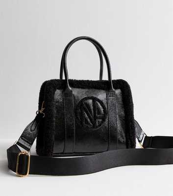 Black Leather-Look Faux Fur Trim Mini Tote Bag