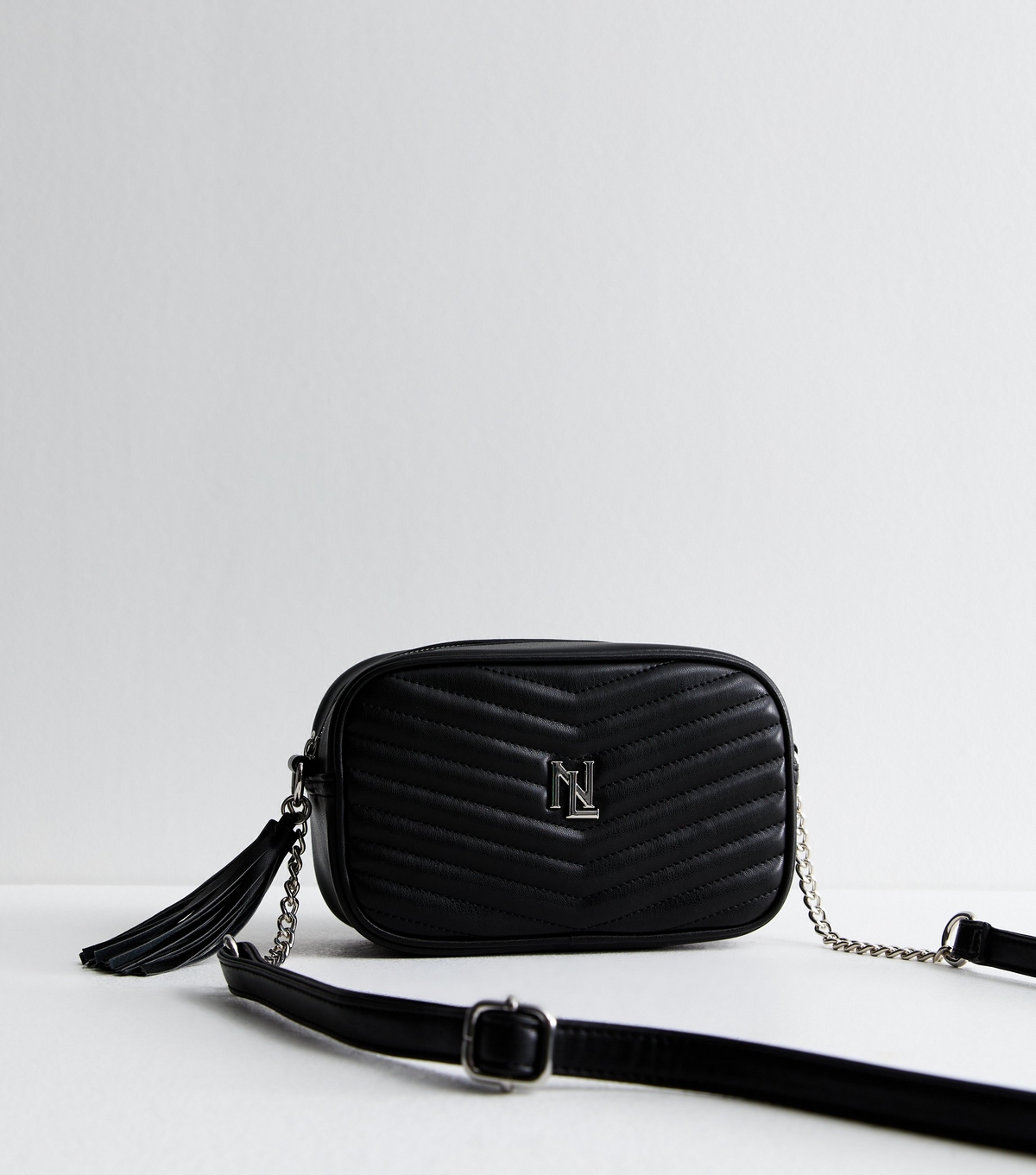 Black Chevron Leather-Look Tassel Crossbody Bag Vegan New Look