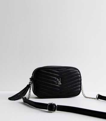 Black Chevron Leather-Look Tassel Crossbody Bag 