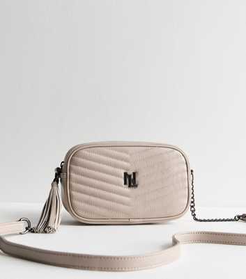 Mink Chevron Leather-Look Tassel Crossbody Bag 